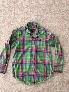 (Boys) Ralph Lauren Green and Pink Plaid Button-Down Shirt